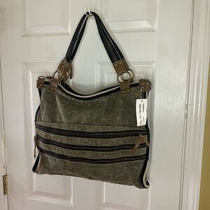 Uddini  grey distressed canvas large tote with brown faux leather trims